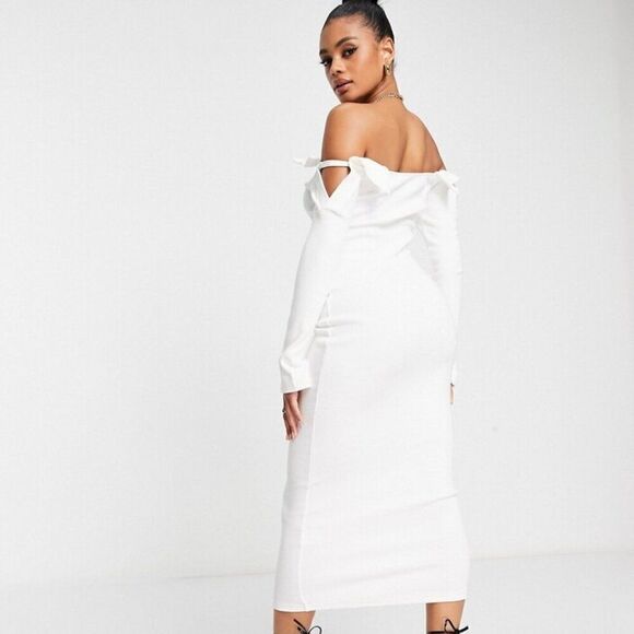 Asos Simmi Off Shoulder Long Sleeve Midi Dress in White Women's Size US 4 - Picture 2 of 6